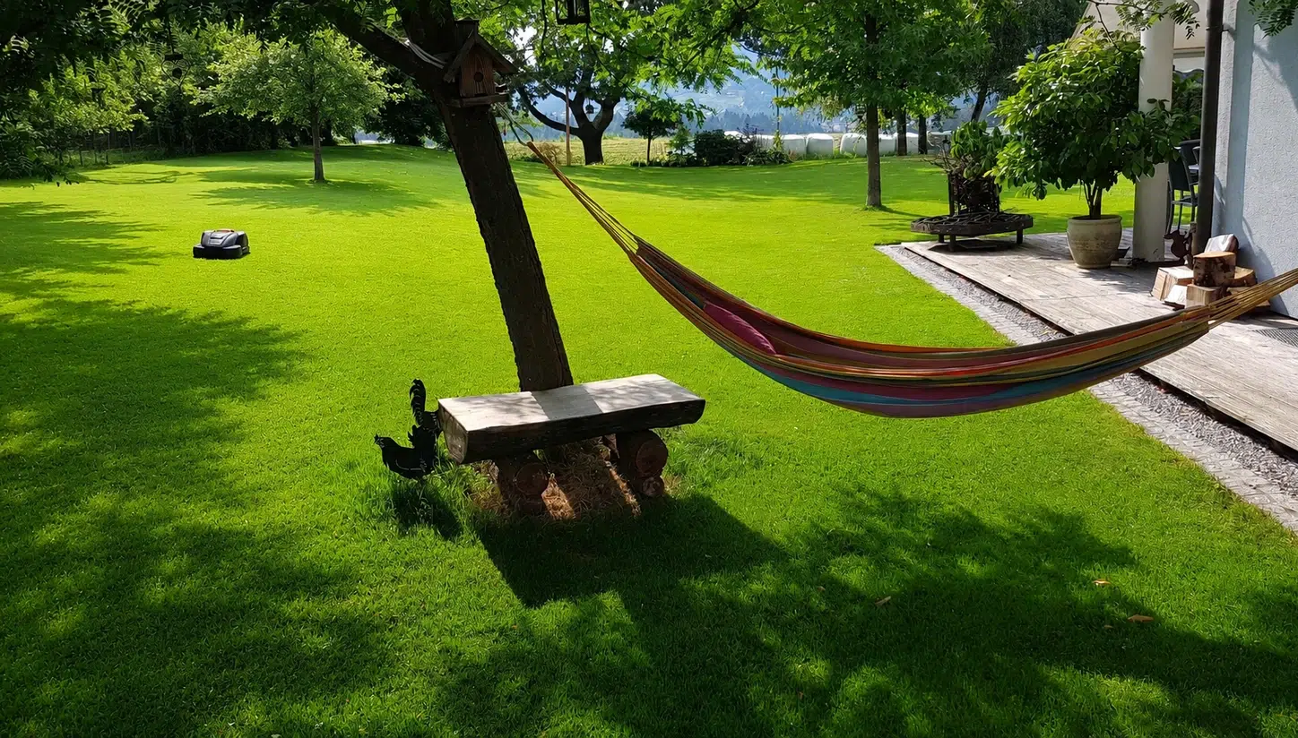 Garten mit schönem Rasen und Mähroboter